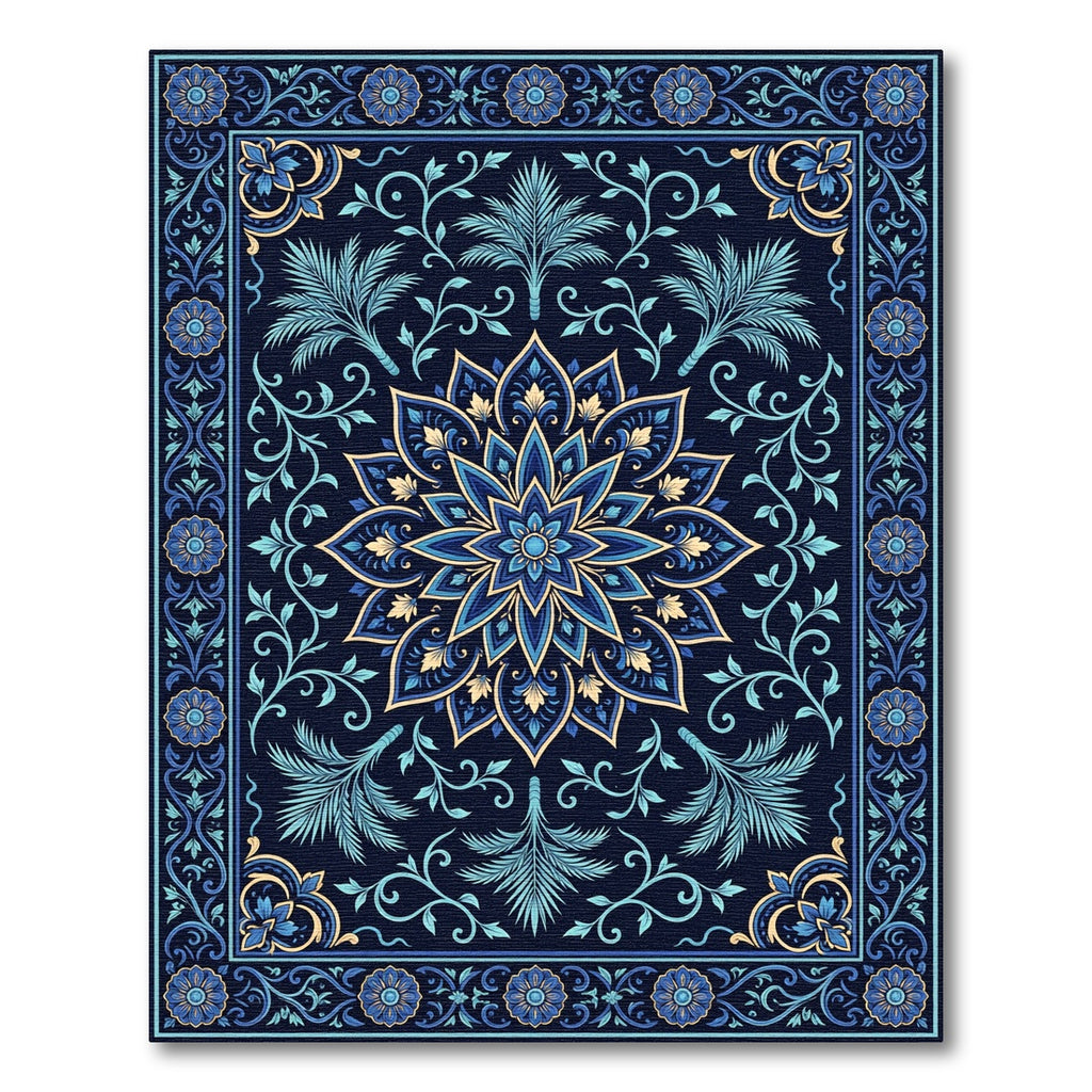 Deep Navy Floral Medallion Garden Rug