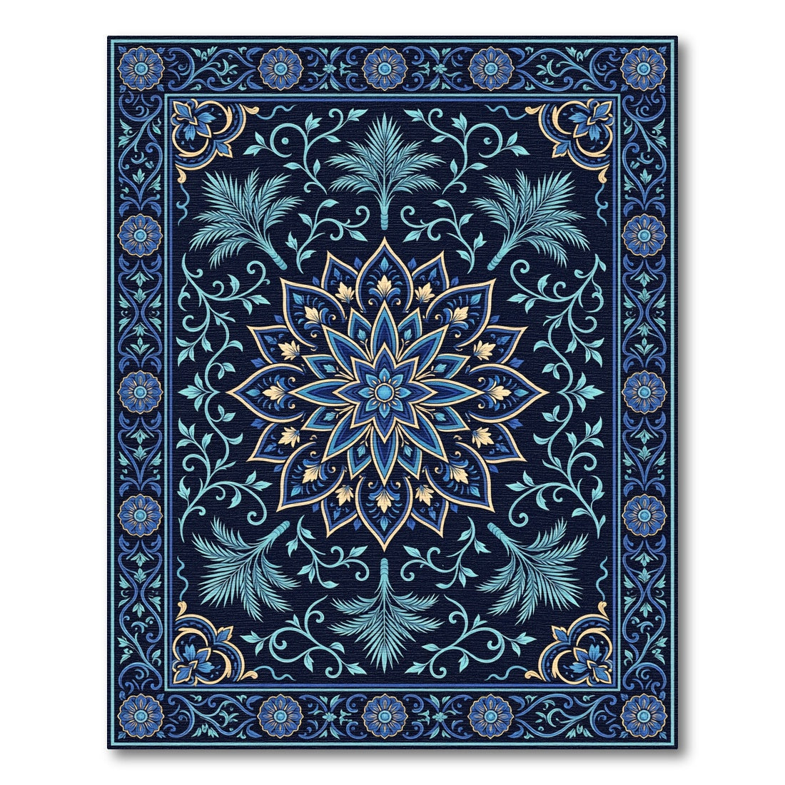 Deep Navy Floral Medallion Garden Rug