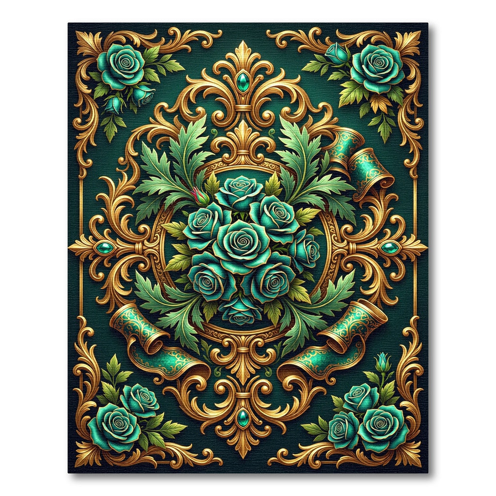 Emerald Roses Golden Scrollwork Harmony Rug