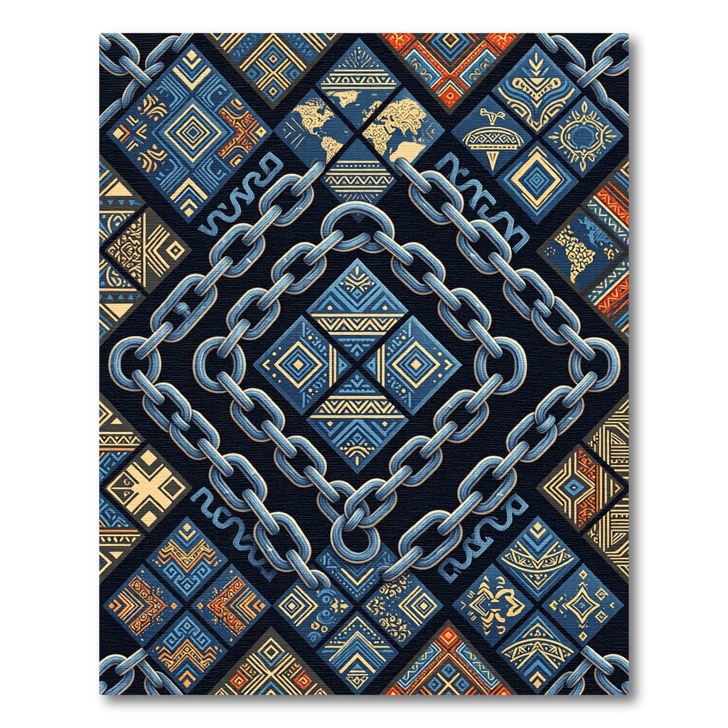 Blue Gold Chain Tribal Geometric Rug