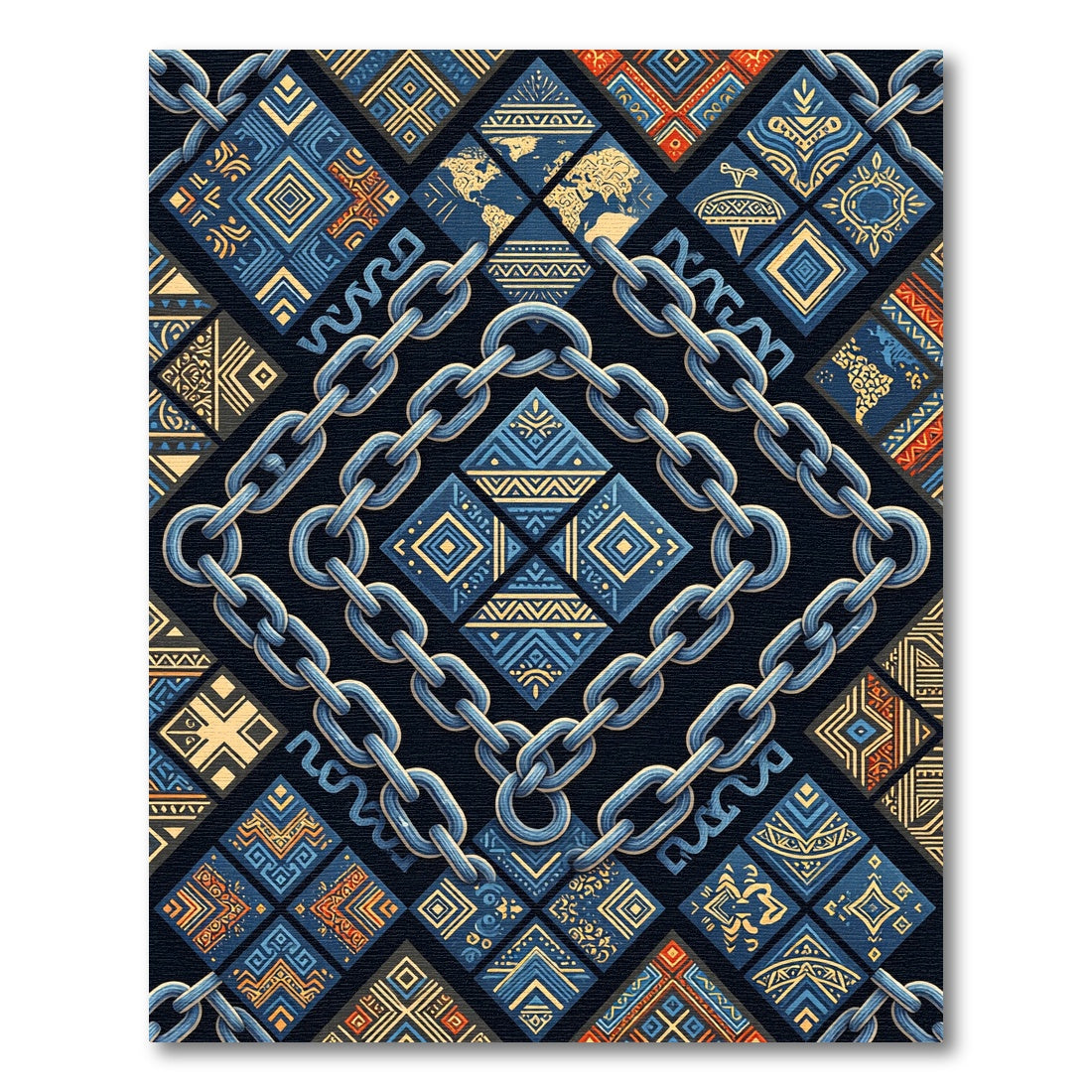 Blue Gold Chain Tribal Geometric Rug