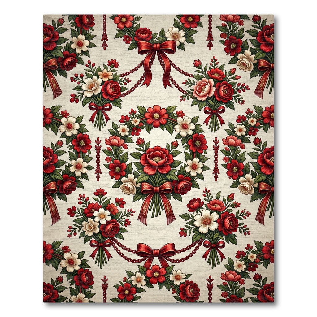 Crimson Red Floral Ribbon Wreath Rug