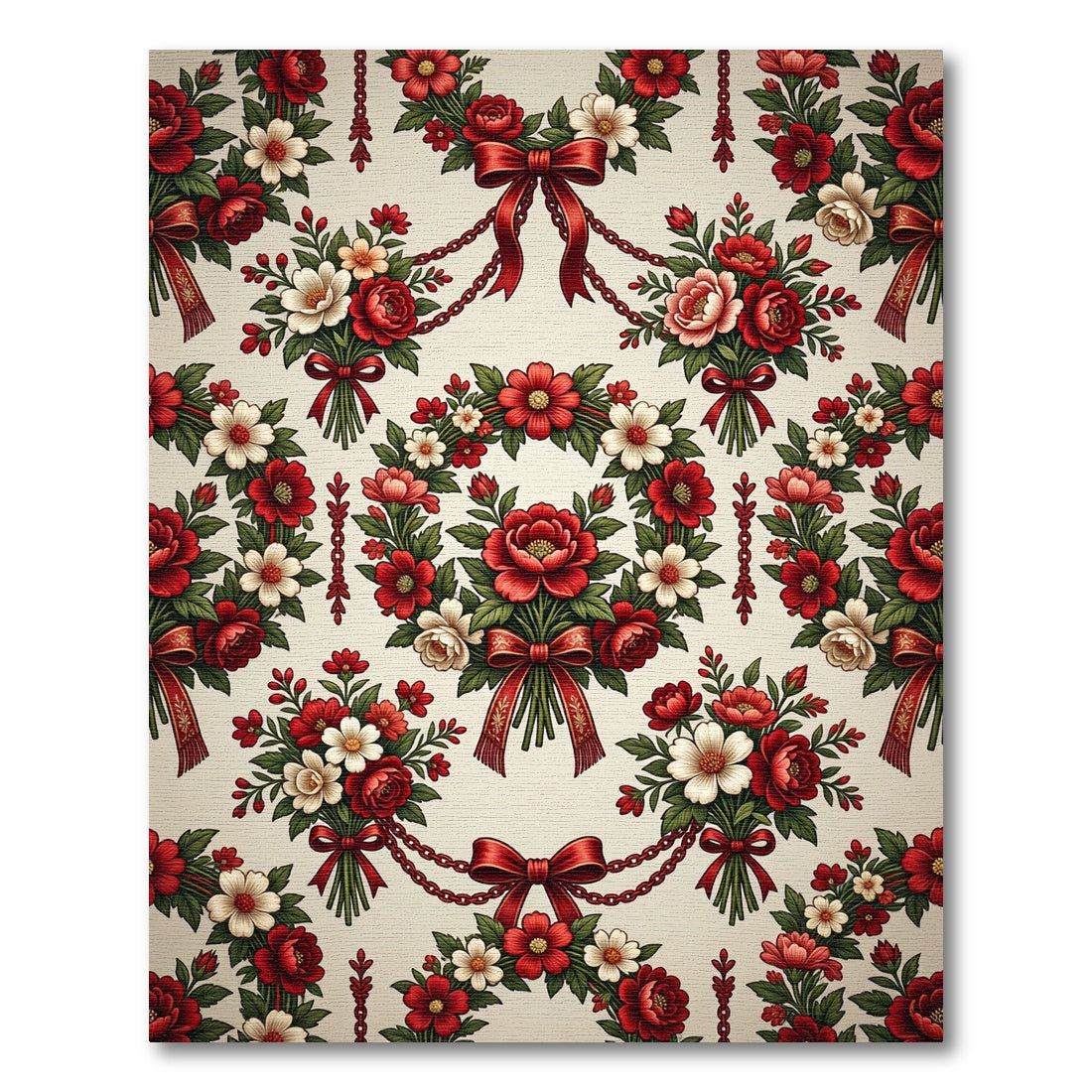 Crimson Red Floral Ribbon Wreath Rug
