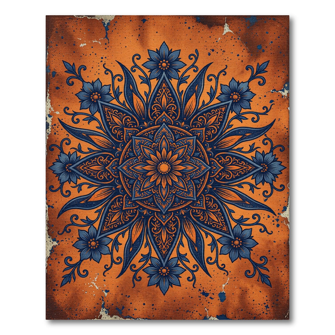 Orange Blue Floral Mandala Sunburst Rug