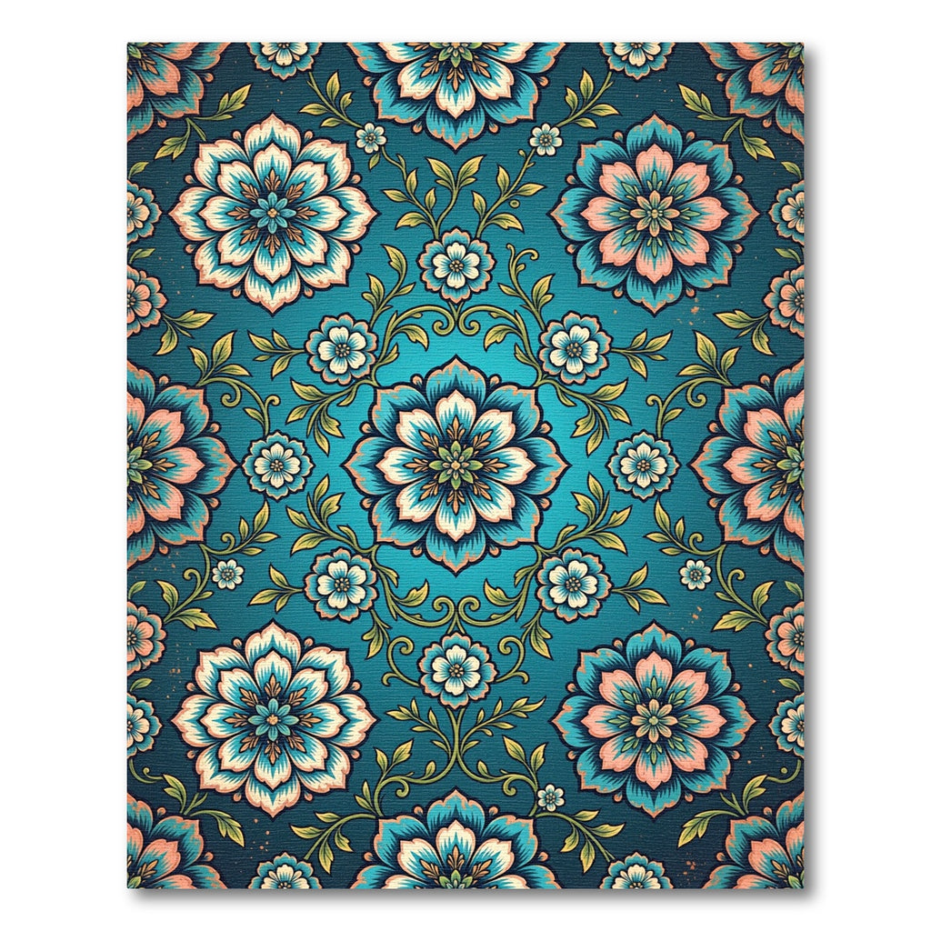 Teal Floral Medallion Botanical Art Rug