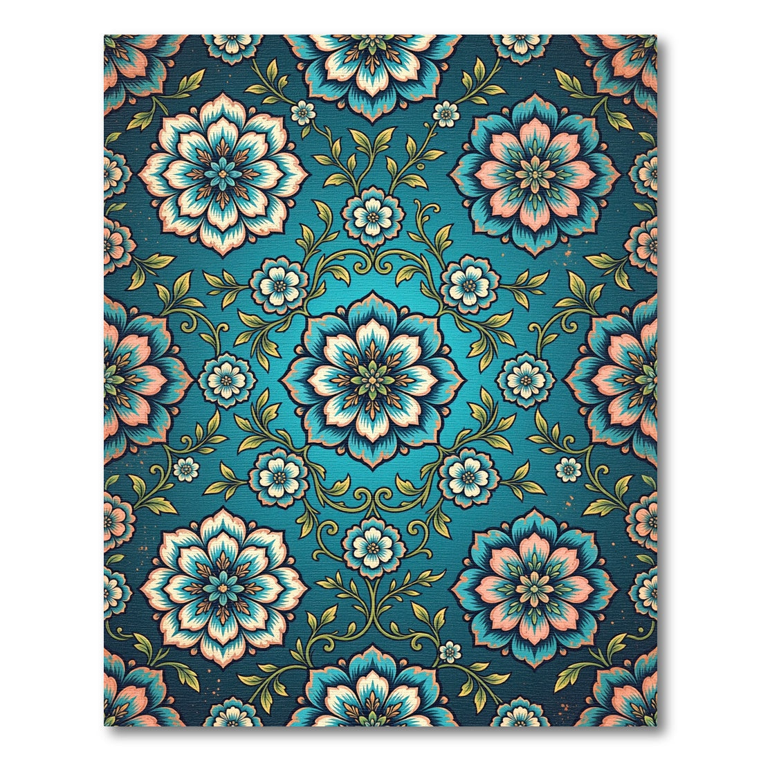 Teal Floral Medallion Botanical Art Rug