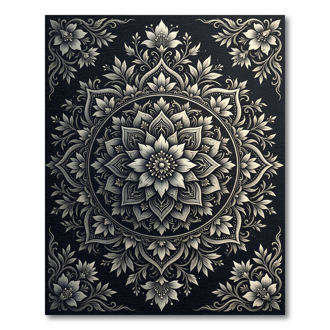 Ornate Black White Floral Mandala Rug