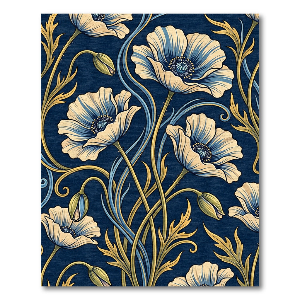 Art Nouveau Navy Blue Poppy Floral Rug