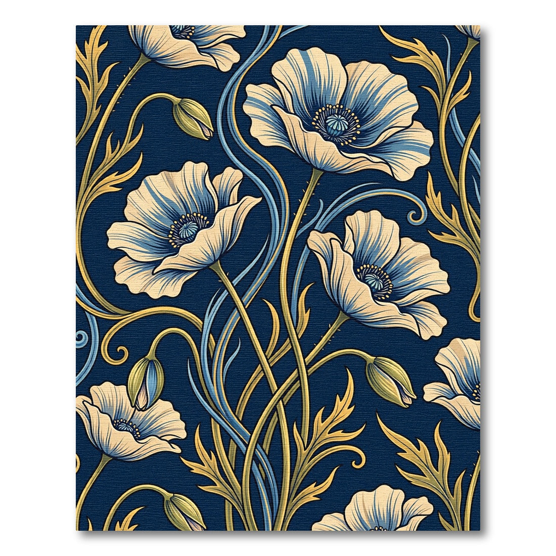 Art Nouveau Navy Blue Poppy Floral Rug