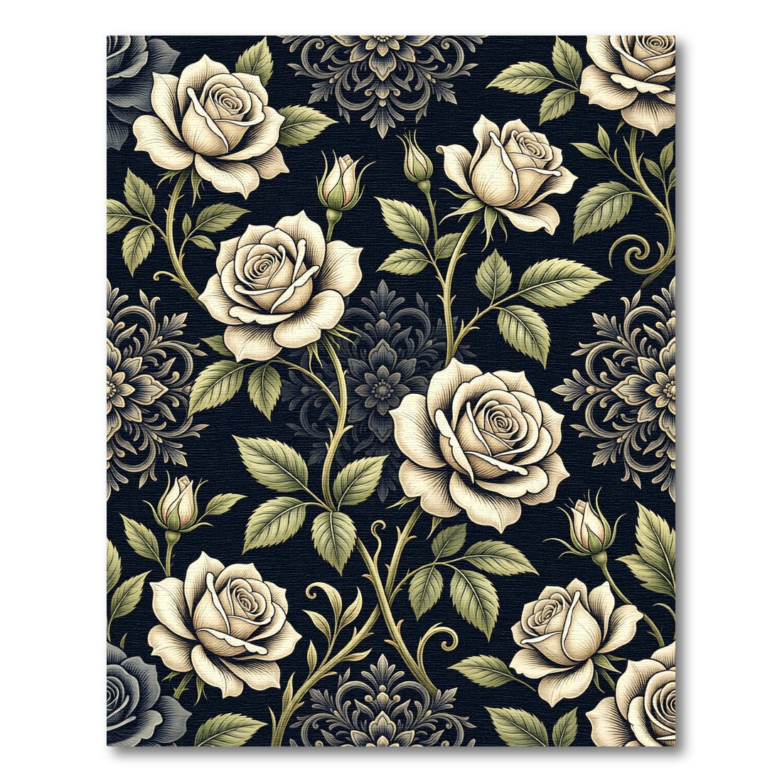 Elegant Cream Rose Botanical Damask Rug