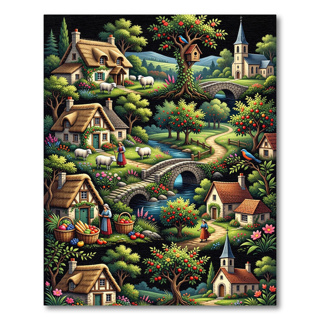 Whimsical Village Garden Fruit Trees Rug
