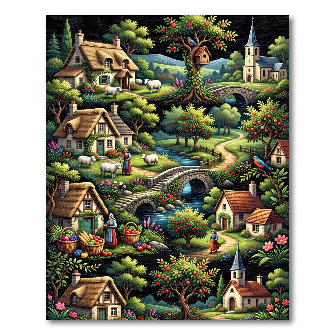 Whimsical Village Garden Fruit Trees Rug