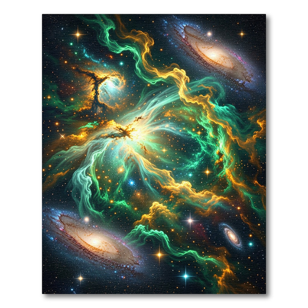 Stellar Nebula Swirl Gold Green Galaxy Rug