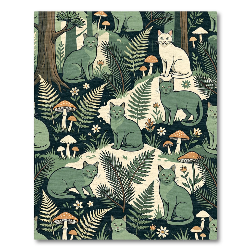Enchanted Forest Cats Mushroom Meadow Scene Rug