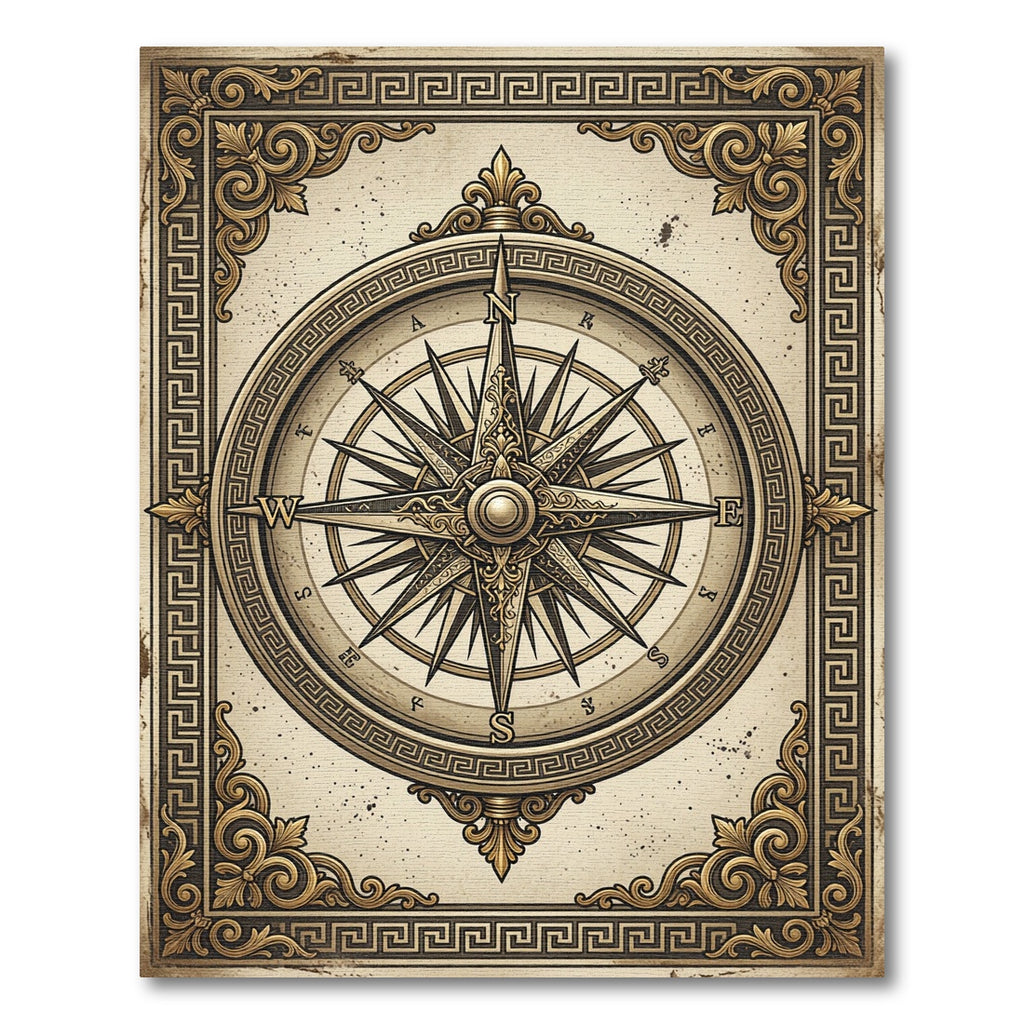 Antique Gold Compass Nautical Framed Map Rug