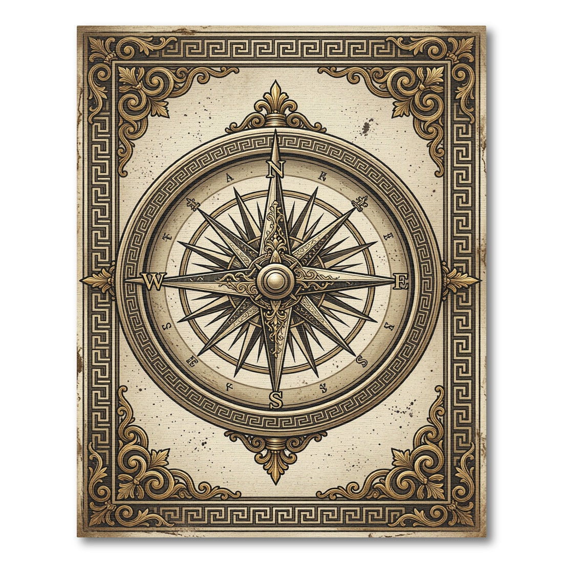 Antique Gold Compass Nautical Framed Map Rug