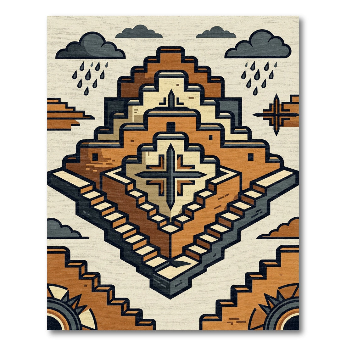 Terracotta Geometric Step Pyramid Abstract Rug