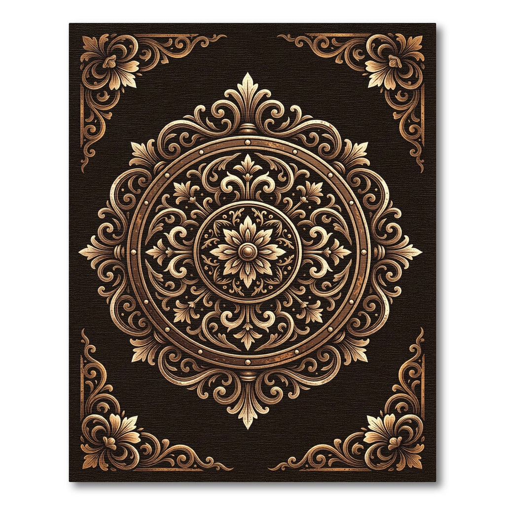 Ornate Gold Floral Medallion Scroll Rug
