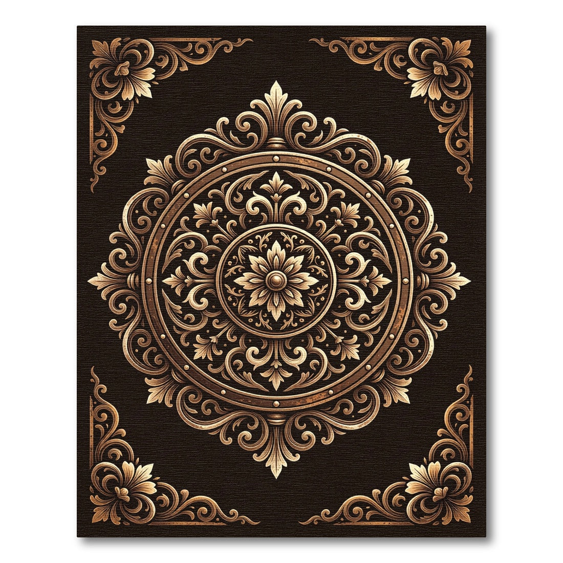 Ornate Gold Floral Medallion Scroll Rug