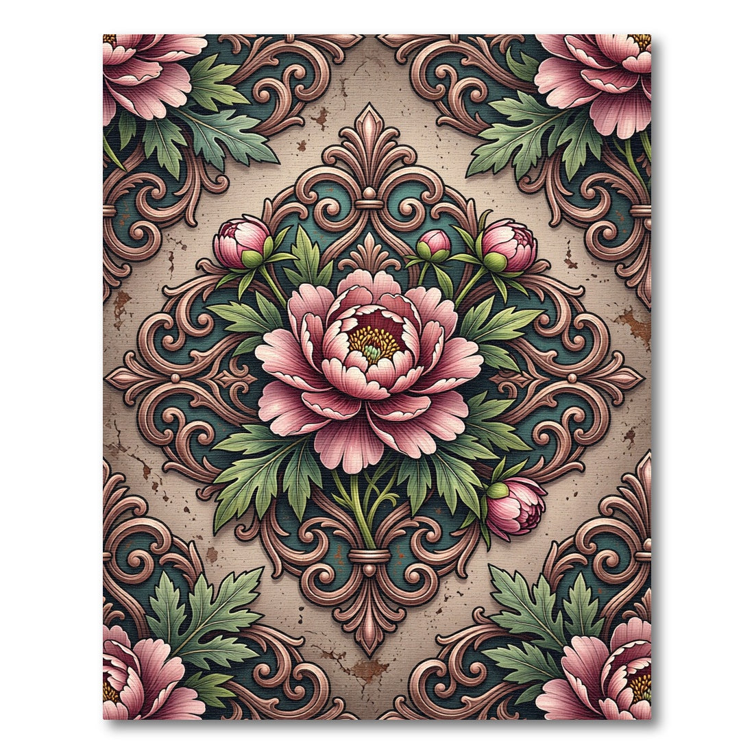 Elegant Blush Peony Filigree Damask Rug