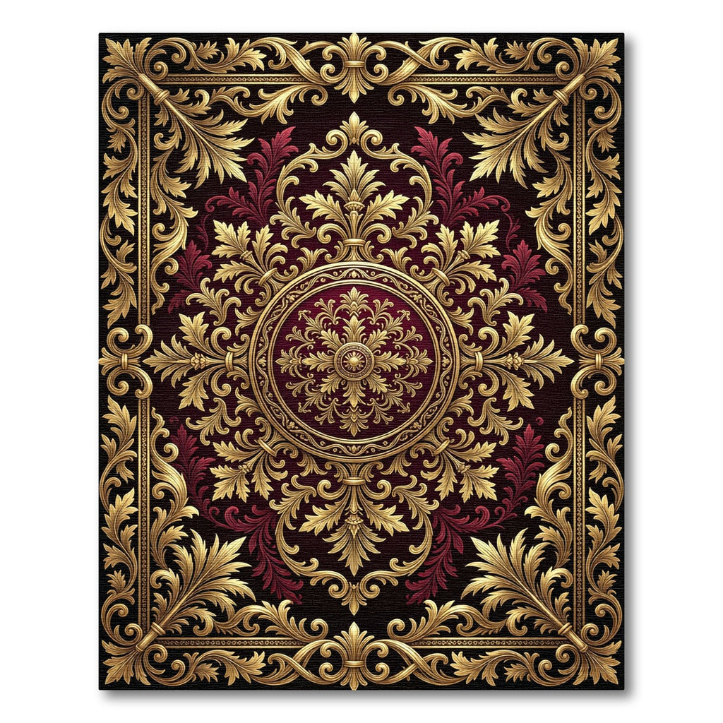 Ornate Gold Burgundy Floral Medallion Rug