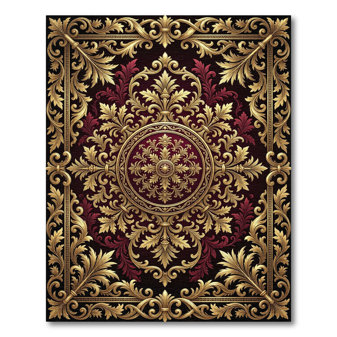 Ornate Gold Burgundy Floral Medallion Rug
