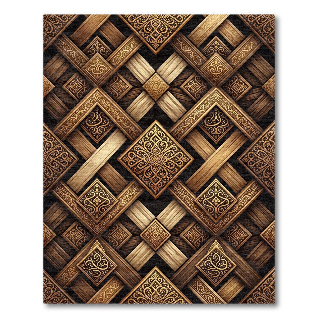 Ornate Gold Interlocking Geometric Pattern Rug