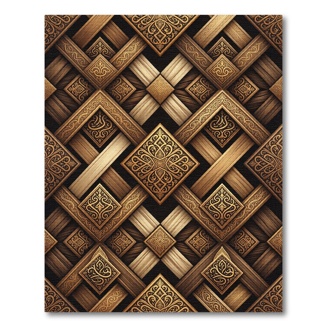 Ornate Gold Interlocking Geometric Pattern Rug