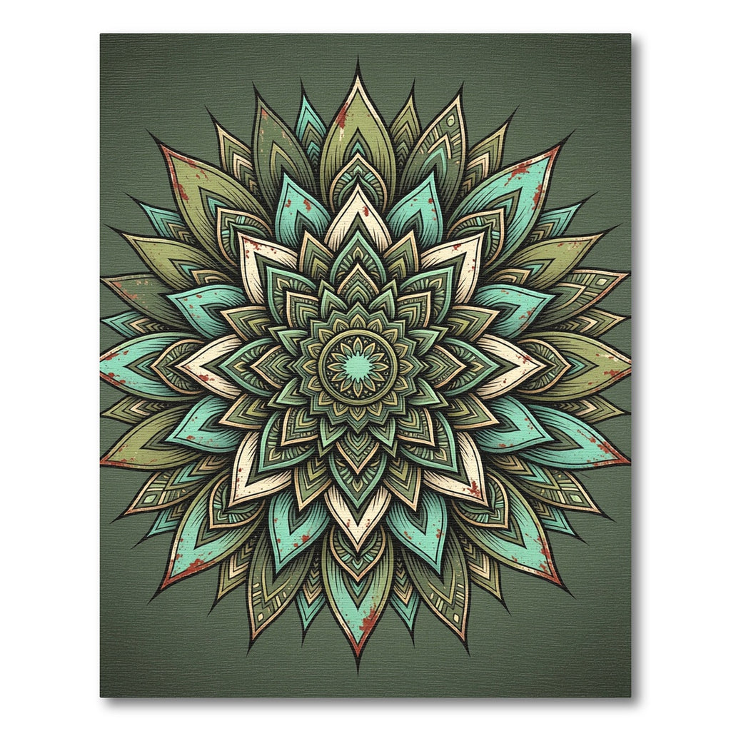 Sage Teal Layered Lotus Mandala Rug