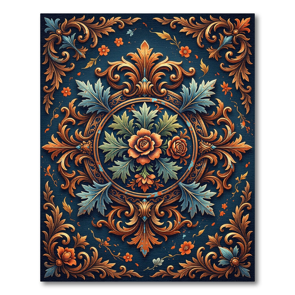 Ornate Teal Orange Floral Emblem Rug