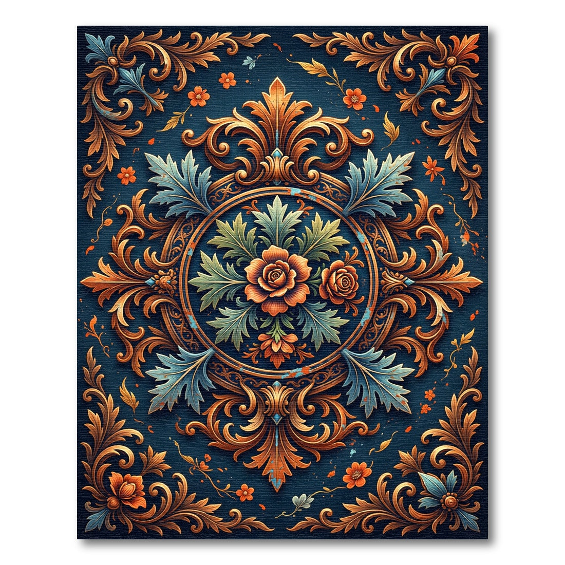 Ornate Teal Orange Floral Emblem Rug