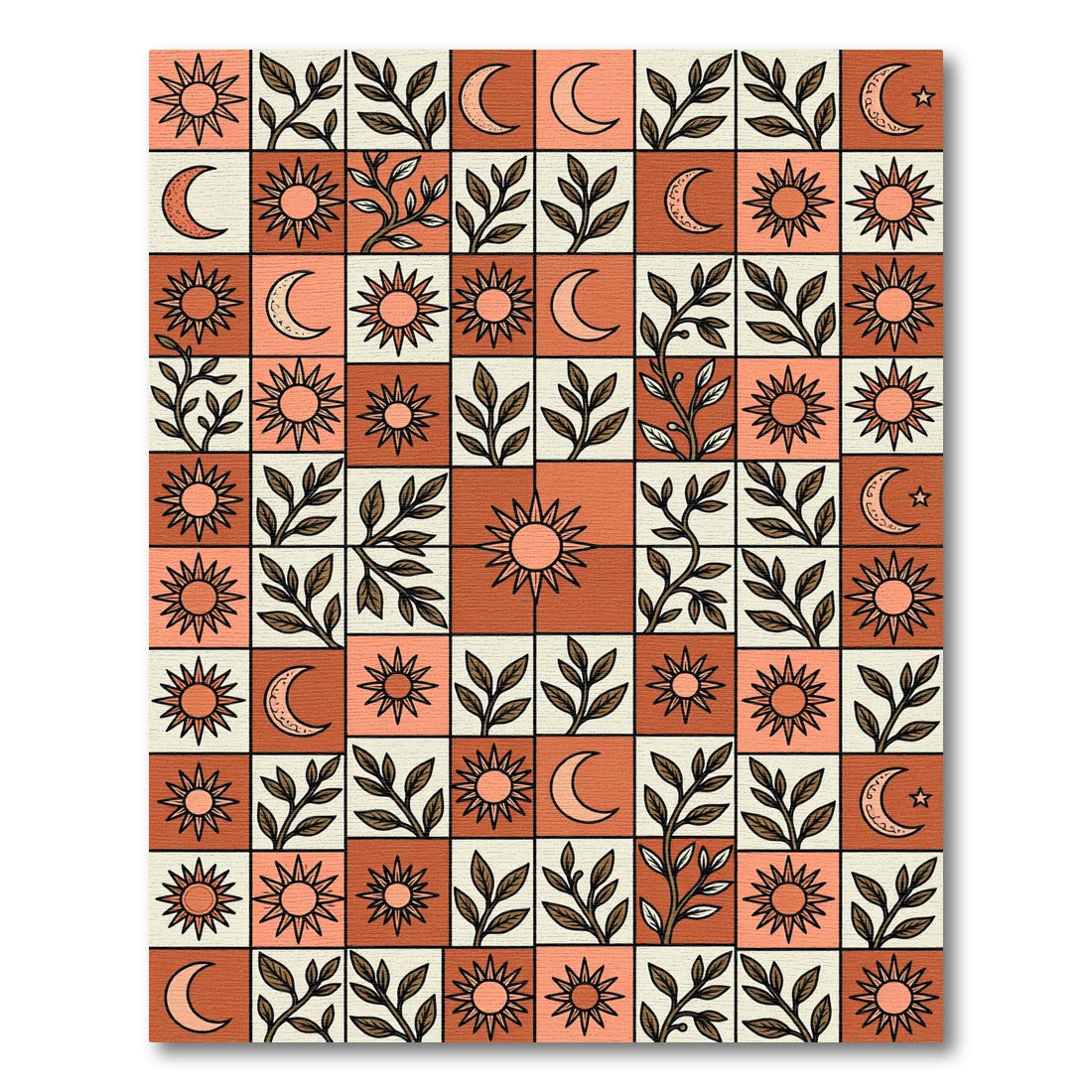 Terracotta Sun Moon Branch Checkerboard Rug
