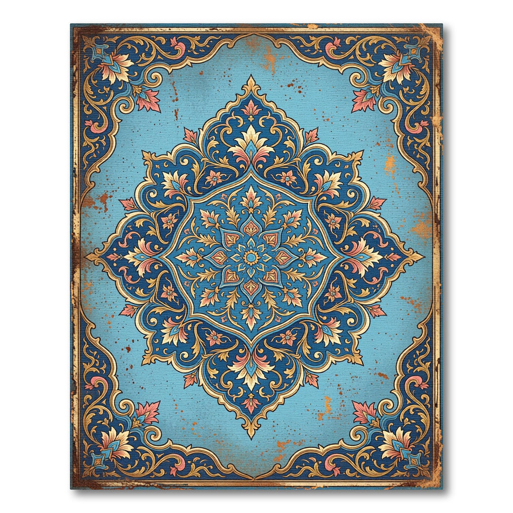Intricate Azure Floral Medallion Scroll Rug