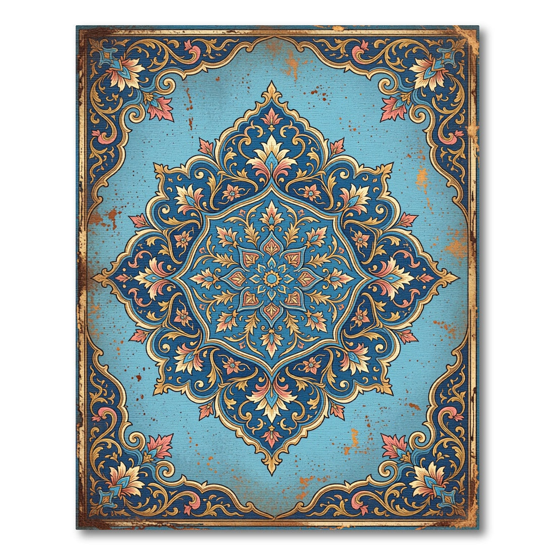 Intricate Azure Floral Medallion Scroll Rug