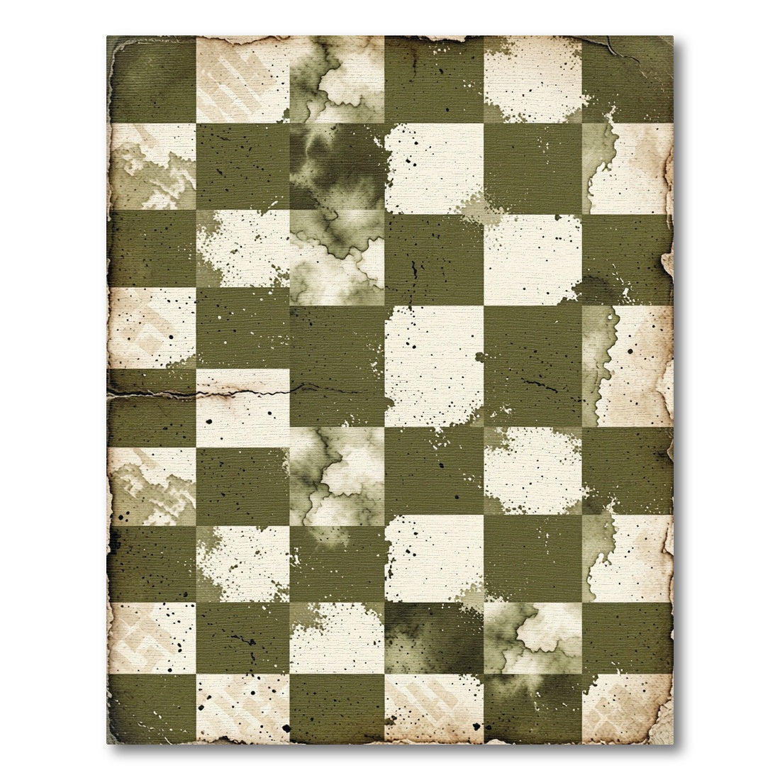 Distressed Olive Green Checkered Grid Rug