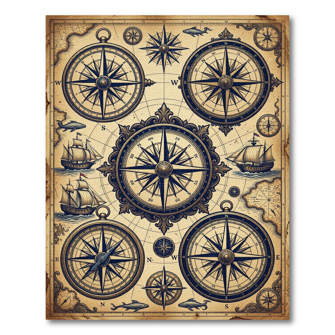 Vintage Nautical Compass Maritime Map Rug