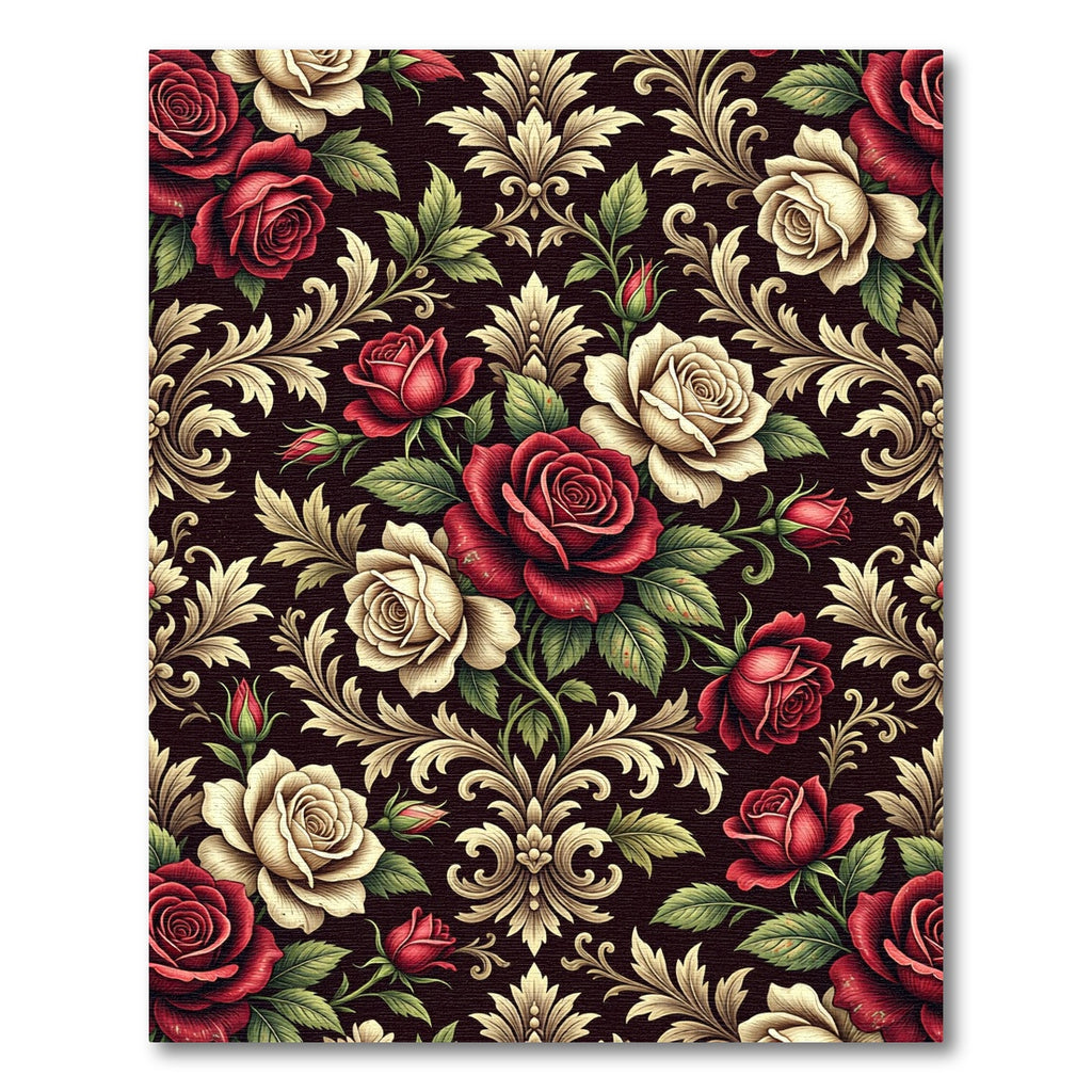 Ornate Red and Cream Rose Scrollwork Rug