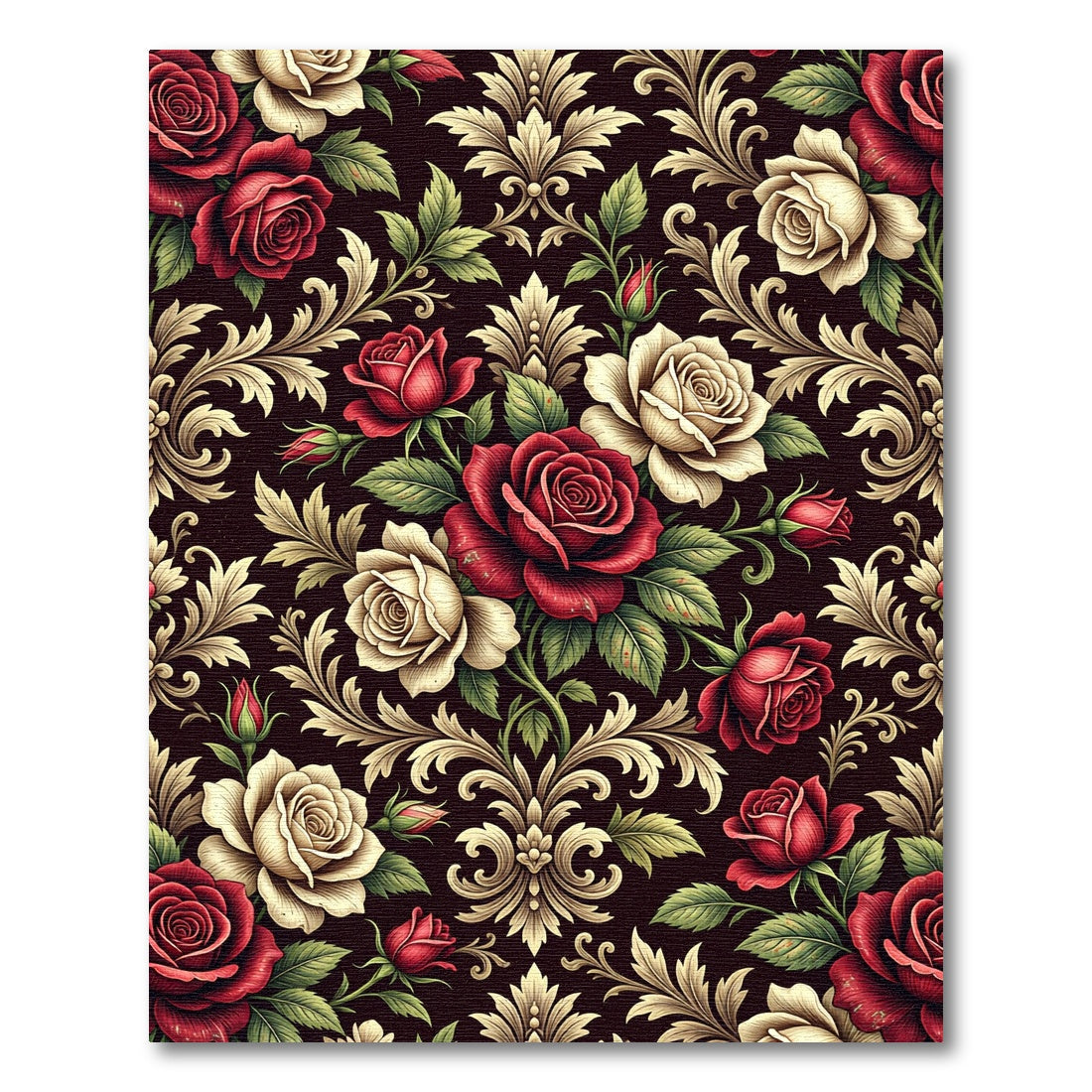 Ornate Red and Cream Rose Scrollwork Rug