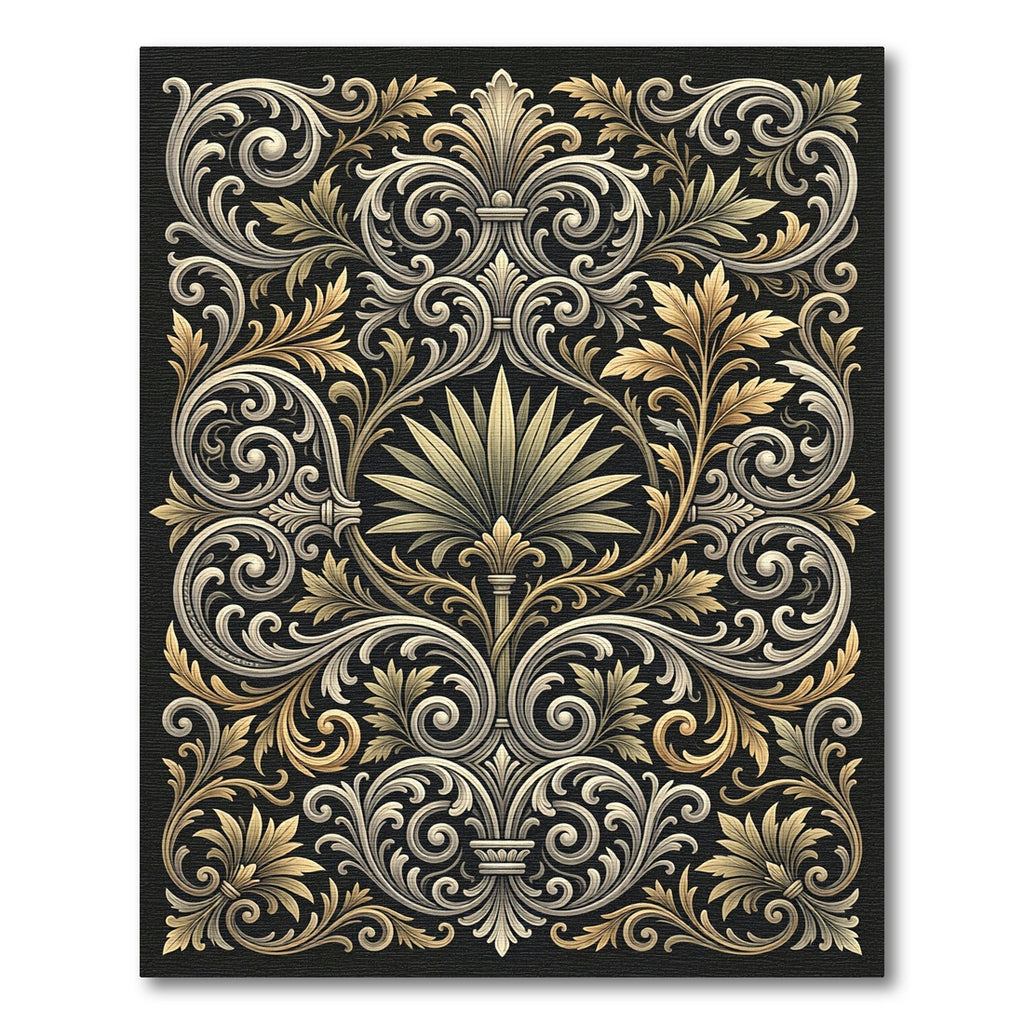 Ornate Gold White Scrollwork Arrangement Rug