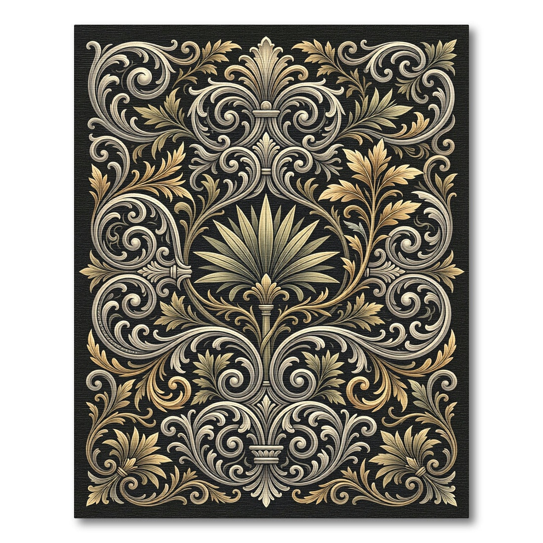 Ornate Gold White Scrollwork Arrangement Rug