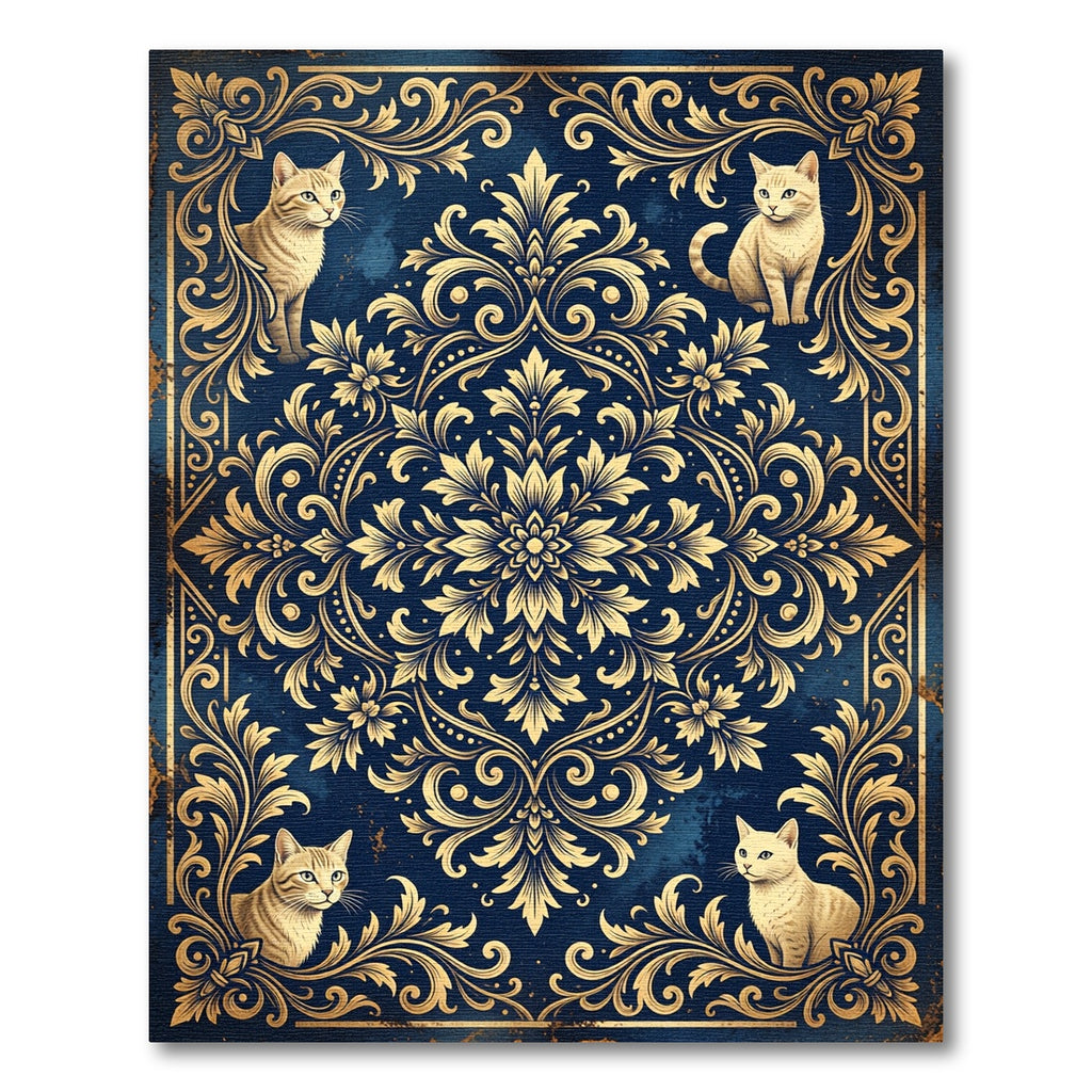 Elegant Navy Gold Baroque Feline Medallion Rug