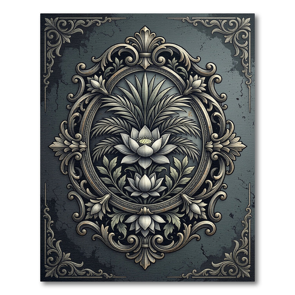 Elegant Slated Gray Lotus Scroll Medallion Rug