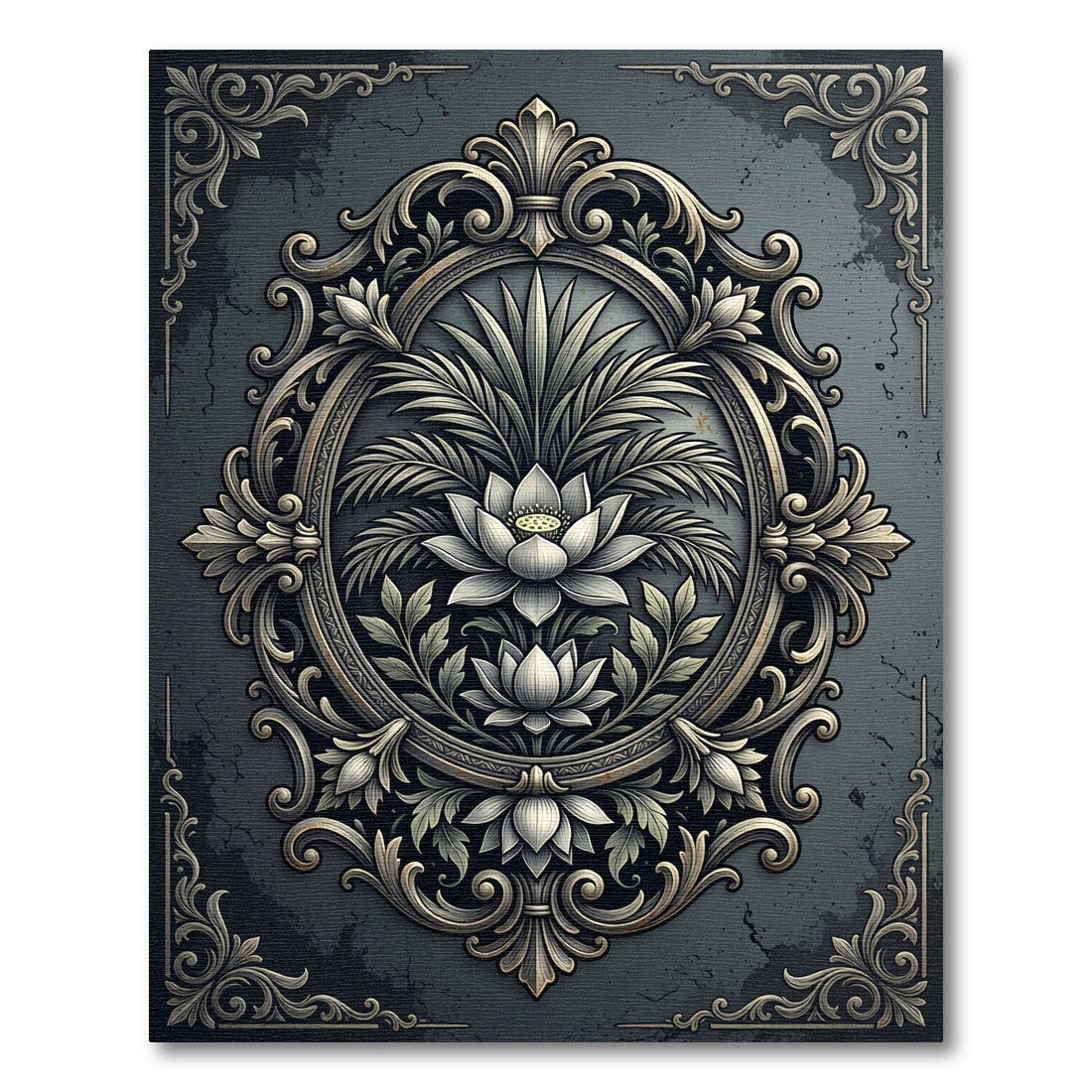 Elegant Slated Gray Lotus Scroll Medallion Rug