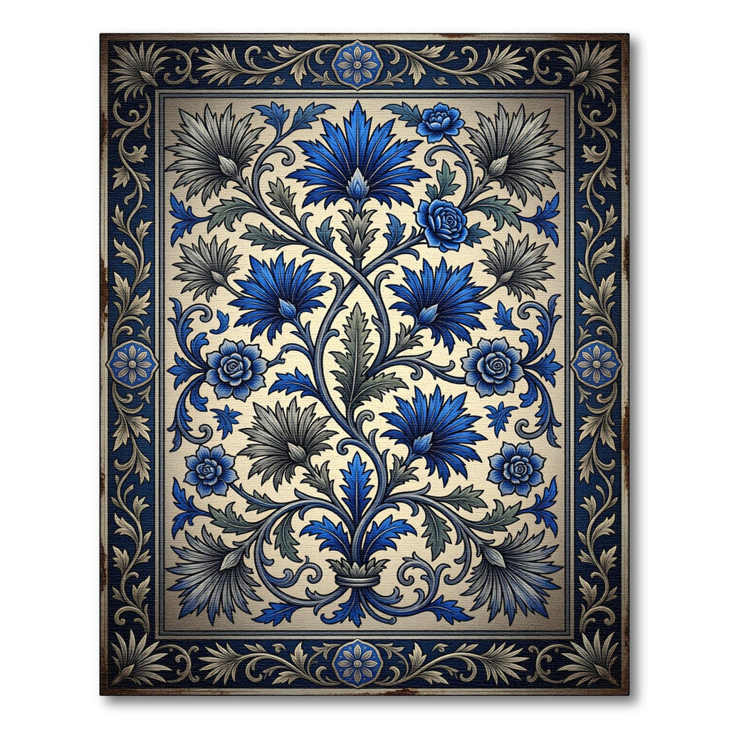 Ornate Blue Floral Vine Border Rug