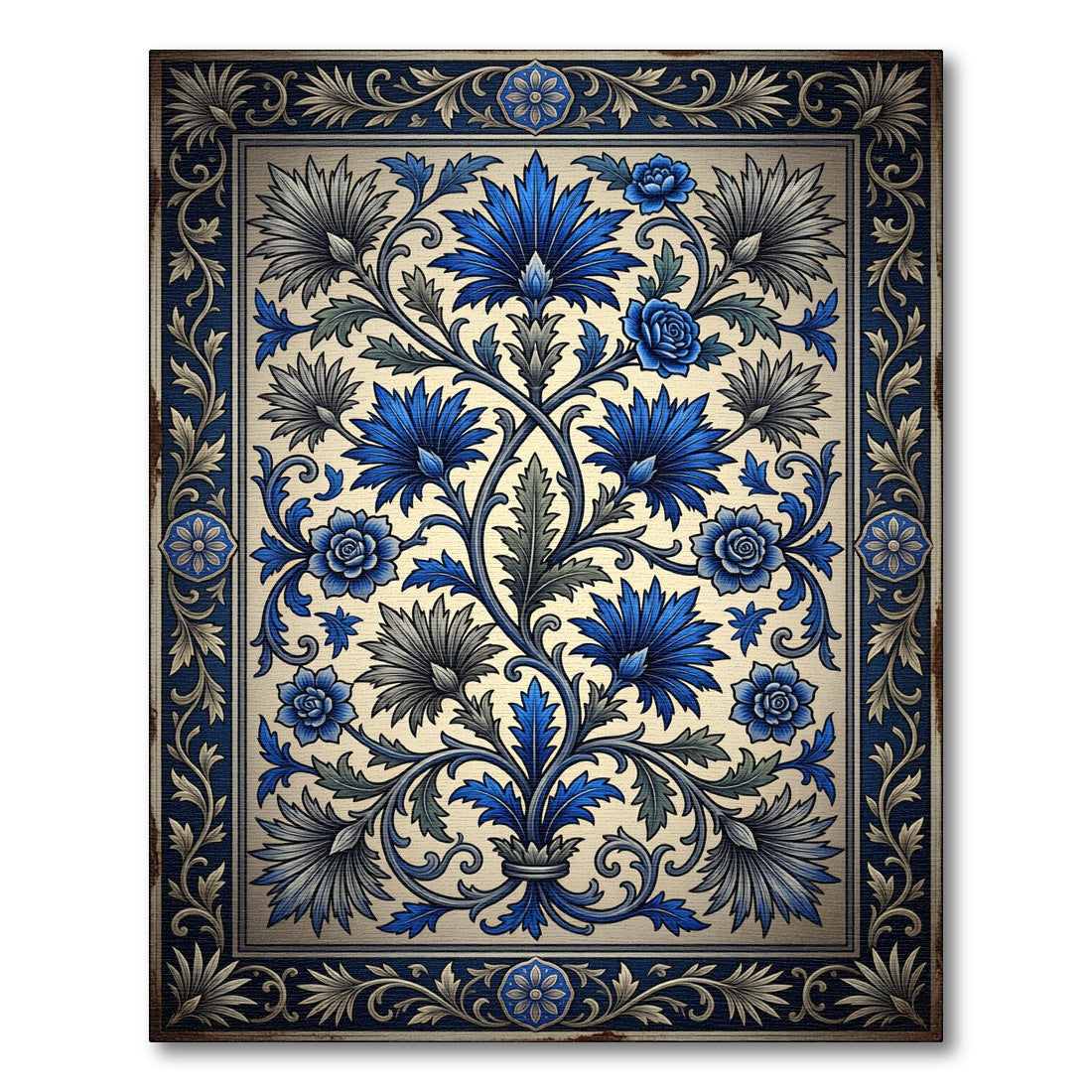 Ornate Blue Floral Vine Border Rug