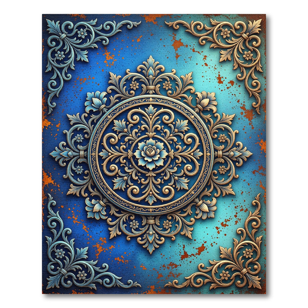 Gilded Blue Ornamental Floral Medallion Rug