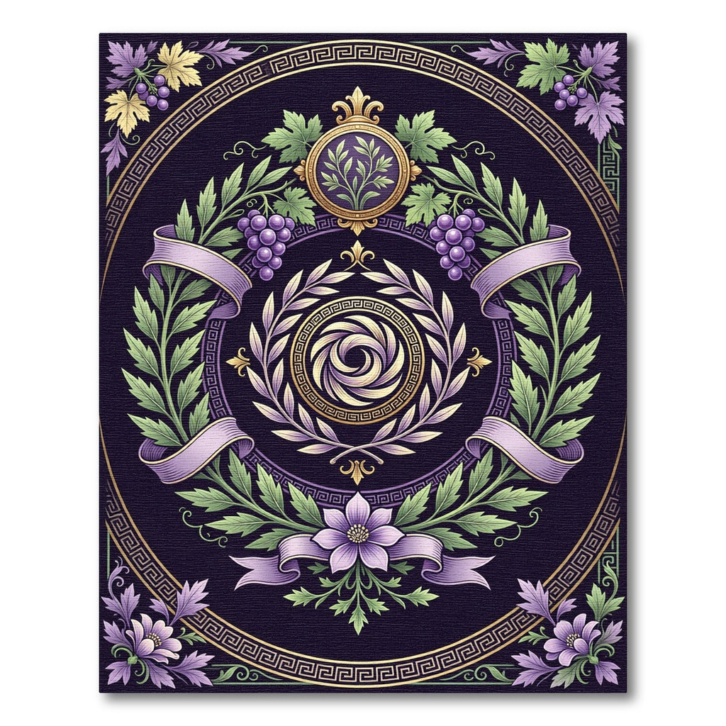Purple Floral Laurel Wreath Gold Medallion Rug