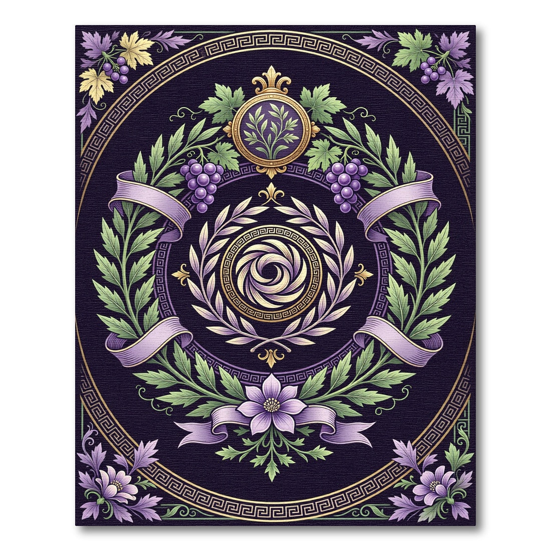 Purple Floral Laurel Wreath Gold Medallion Rug