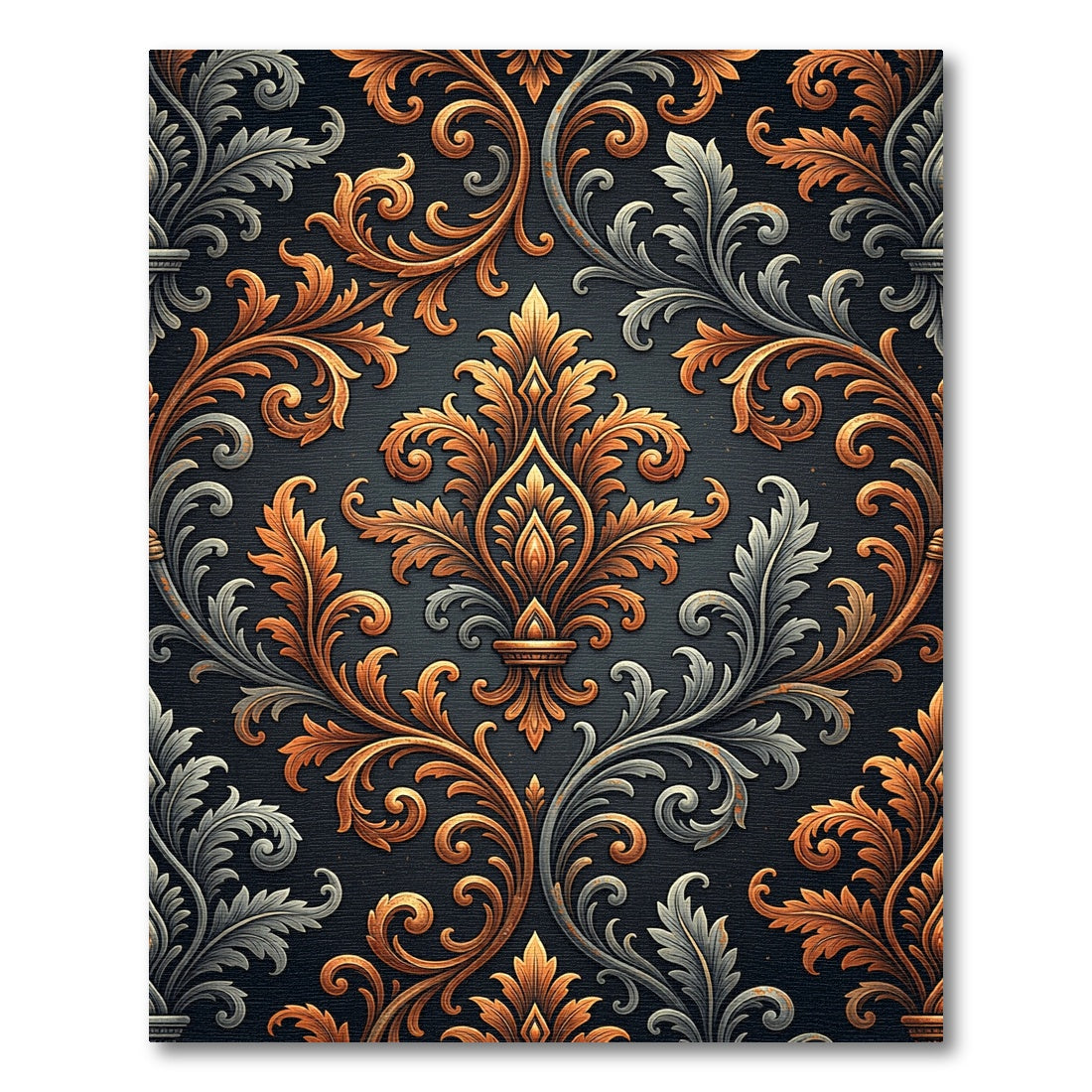 Ornate Gold Silver Damask Scrolls Rug