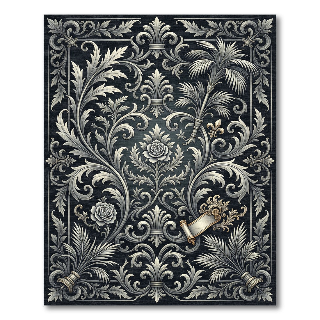 Ornate Grey Floral Scrollwork Rug